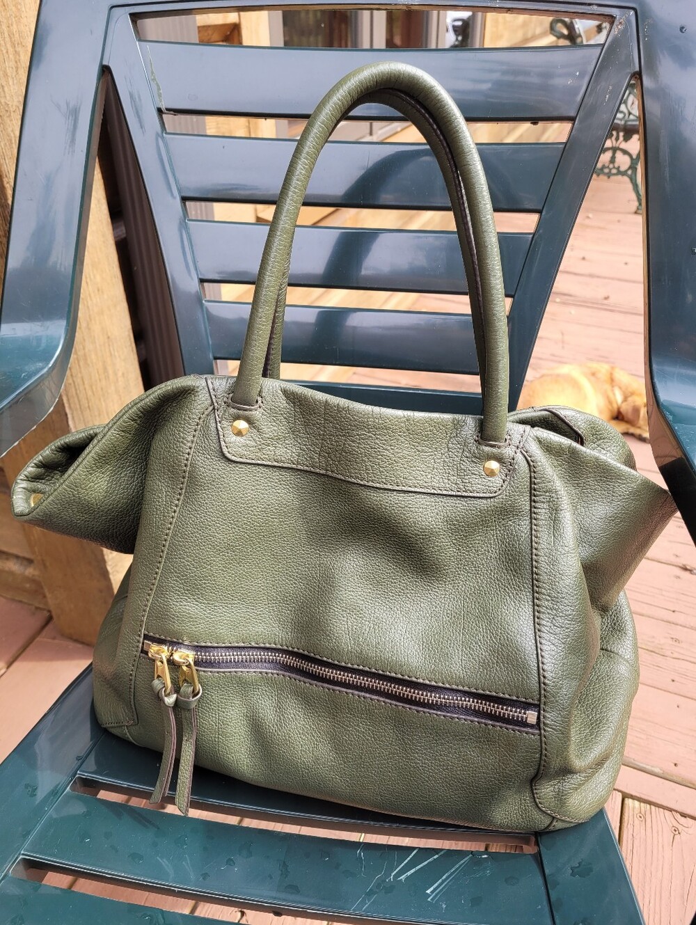orYANY Olive Green Pebbled Leather Satchel with Front Zip Pocket